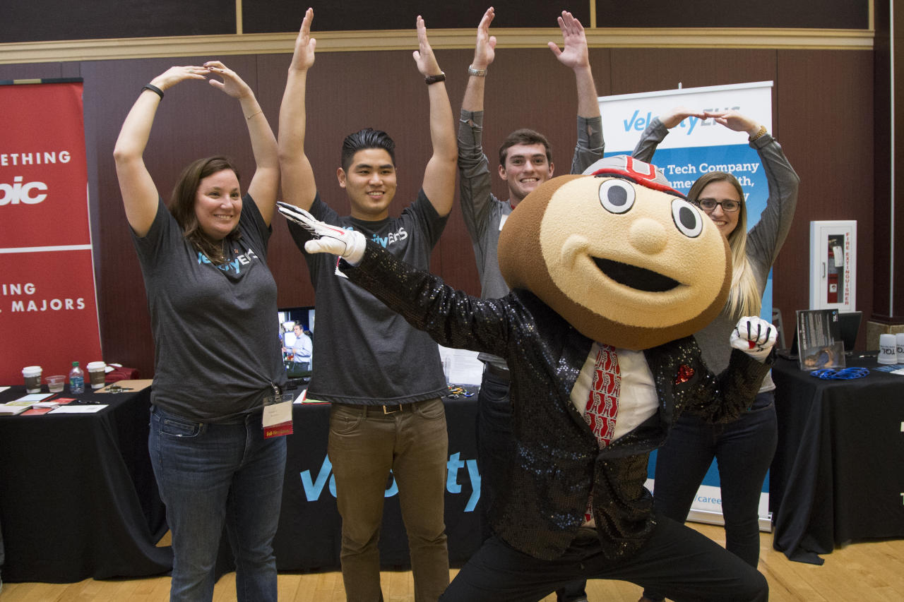 Brutus with employers spelling out O-H-I-O