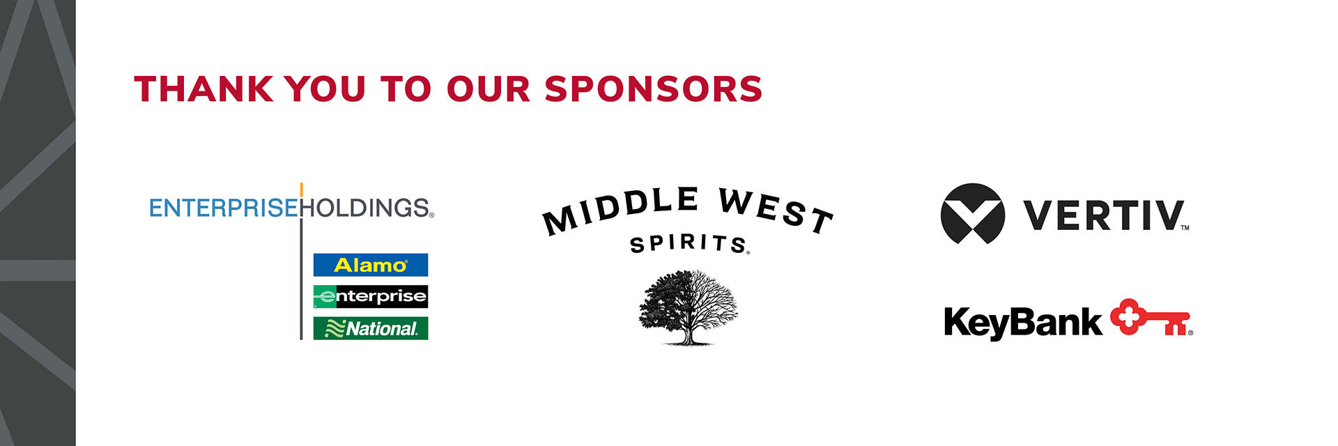 Image says Thank you to our sponsors and then shows the logos for Enterprise Holdings, Middle West Spirits, Vertiv and Keybank