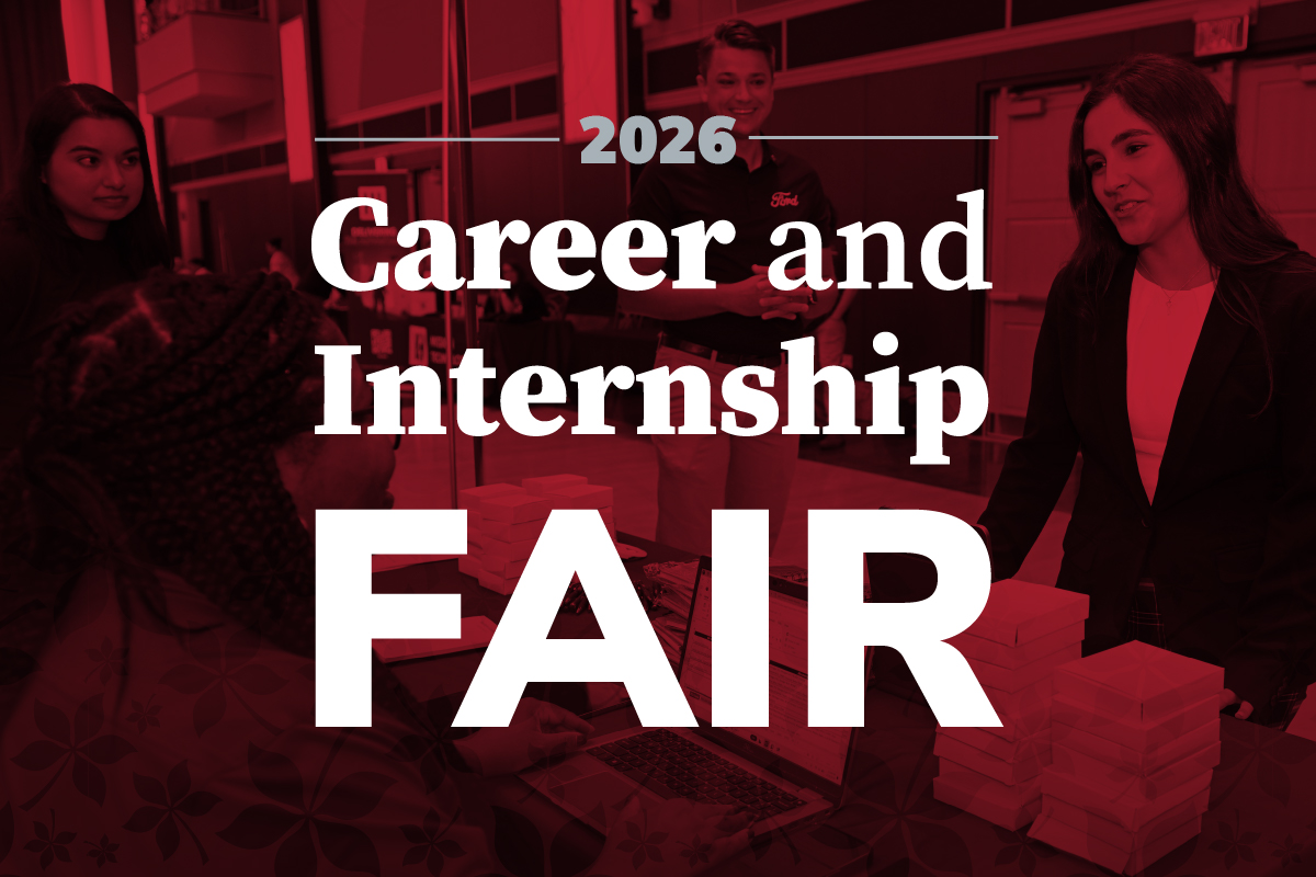 Text overlaying image of people at career fair tables.  The text says '2026 Career and Internship Fair'